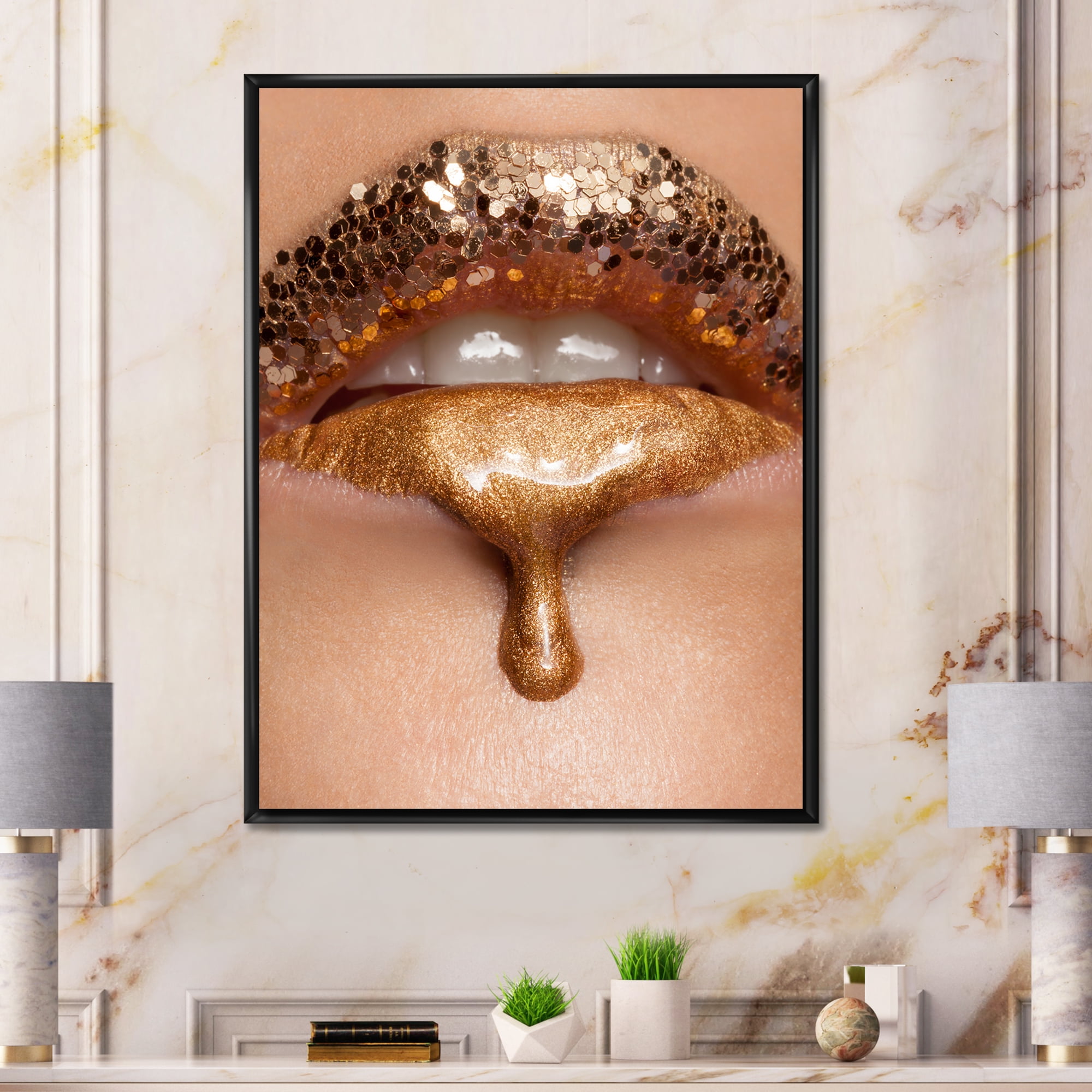 Designart 'Close-Up Of Woman Make-Up Of Gold Liquid Lips' Modern Framed Canvas Wall Art Print