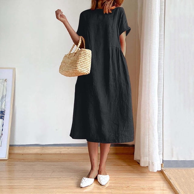 ¡Liquidación de verano! Vestido UMfun de lino y algodón con cuello redondo y manga corta para mujer, color liso, a la moda de verano.