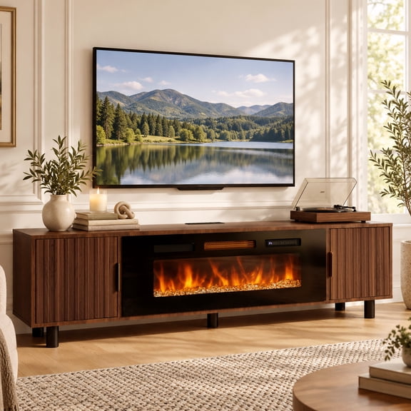 Anrist Electric Fireplace TV Stand for TVs up to 75'', Fireplace Entertainment Center, Modern Media TV Console for Living Room, LED Lights, Walnut