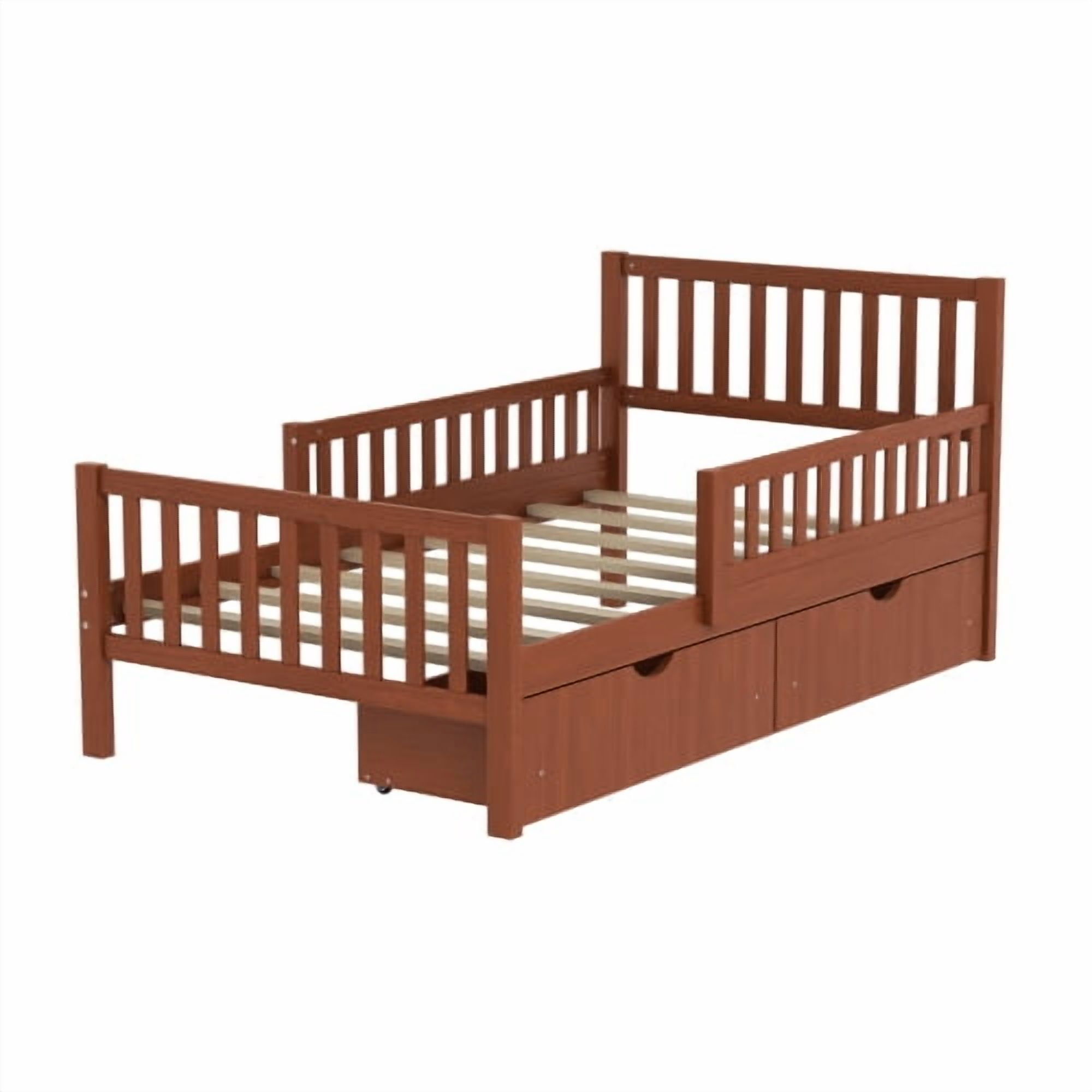 Euroco Wood Twin Size Platform Bed with Guardrails and Drawers for Kids Teens Toddlers, Walnut