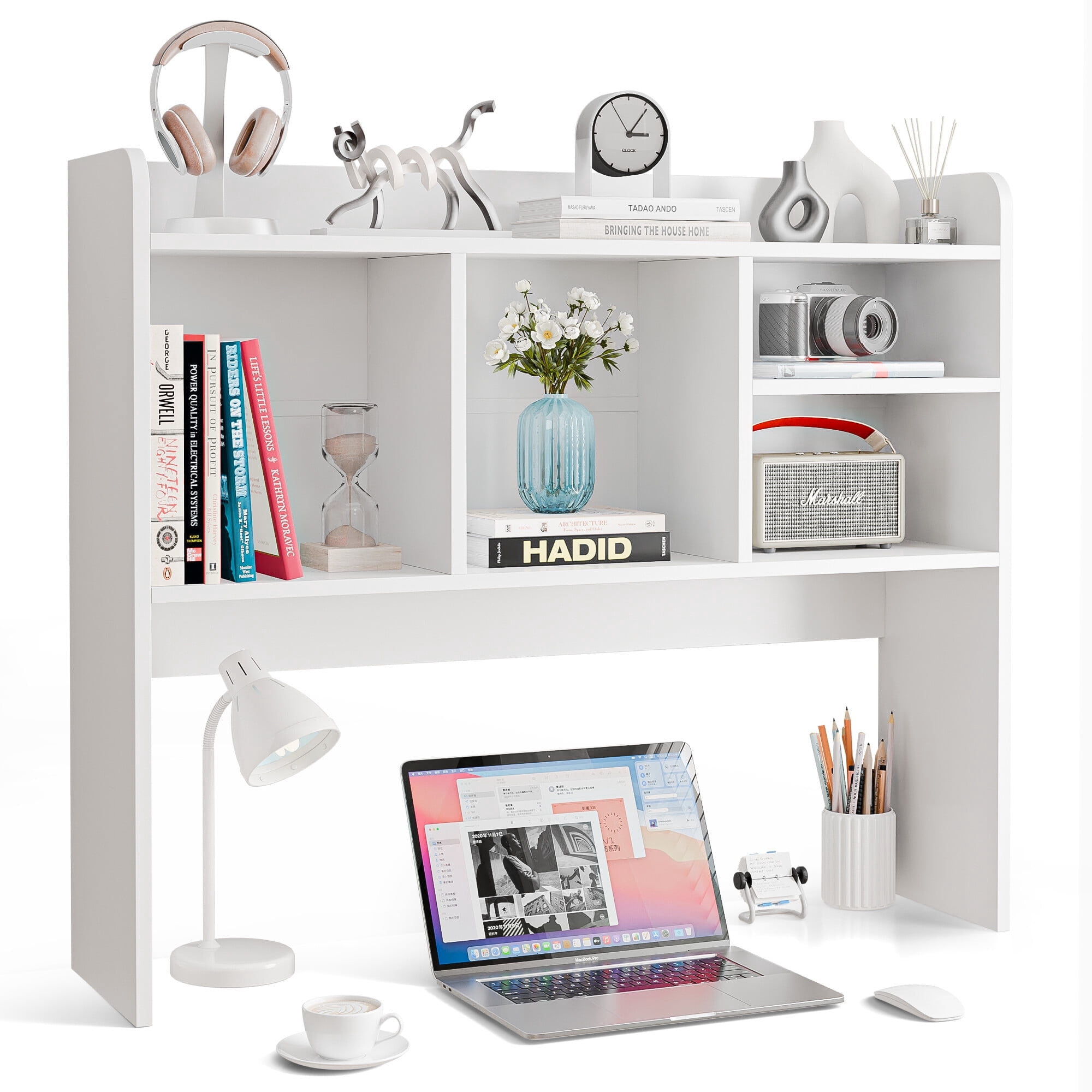 ZENY Desktop Bookshelf Storage Tabletop Display Hutch with 4 Shelves Wood Frame Freestanding Desk Organizer, White