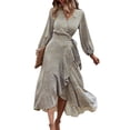 thumbnail image 3 of Vestido De Manga Larga Para Mujer, Vestido Casual De Manga Larga De Una Pieza Con Puño Elástico Envuelto Para Fiesta Para Dama Para Vacaciones Octpeak Caqui S, 3 of 8