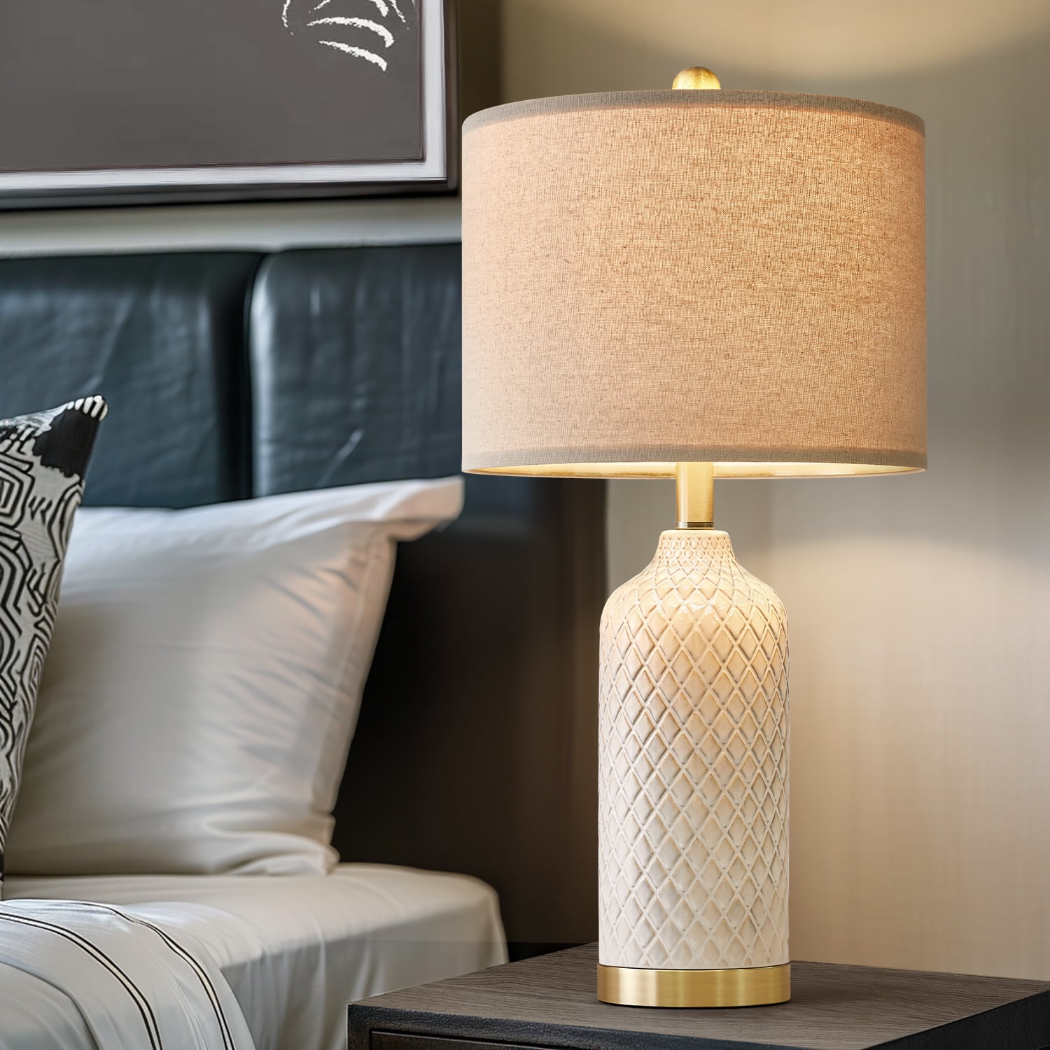 Oneach Ceramic Table Lamps Set of 2 for Living Room Bedroom 24.25" Modern Bedside Nightstand Lamps with Lamp Shades
