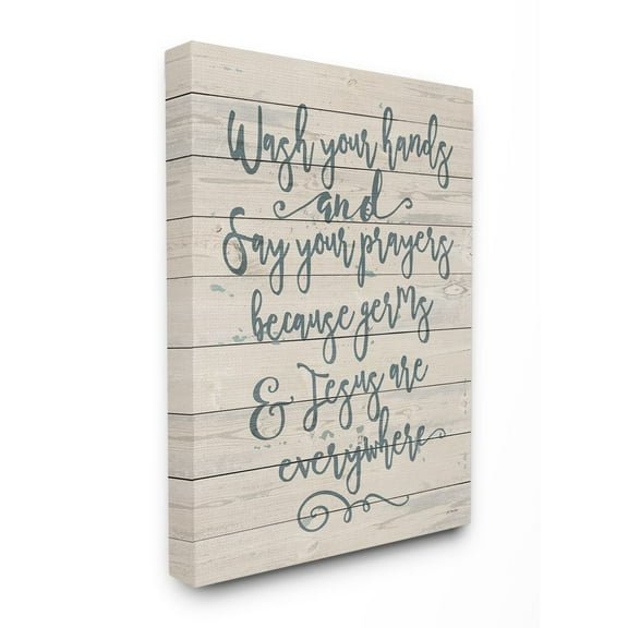 The Stupell Home Decor Collection Blue Script Germs and Jesus Cursive Planked Look Typography Super Canvas Wall Art