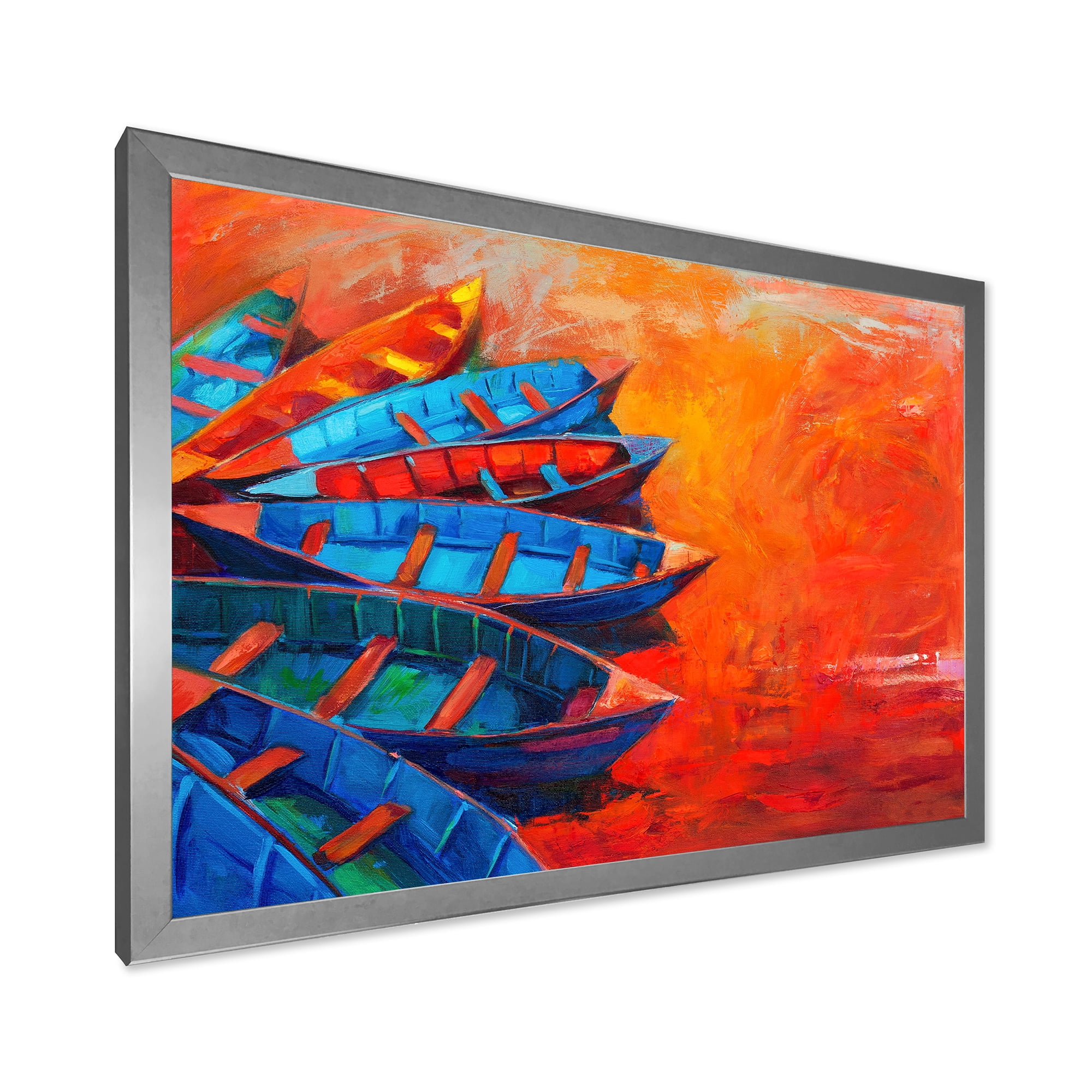 Boats During Warm Sunset Resting On The Water V 32 in x 24 in Framed Painting Canvas Art Print, by Designart