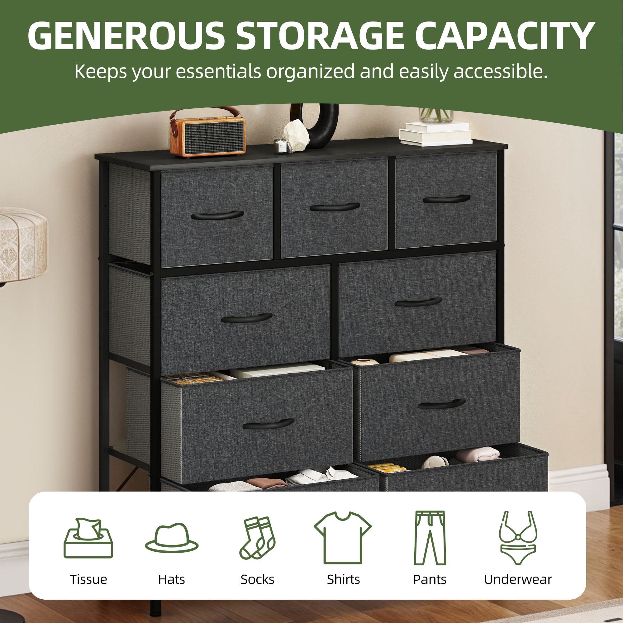 Uforic 9 Drawer Fabric Storage Dresser with Steel Frame for , Living Areas, Hallways, Closets, and Offices, Black Gray