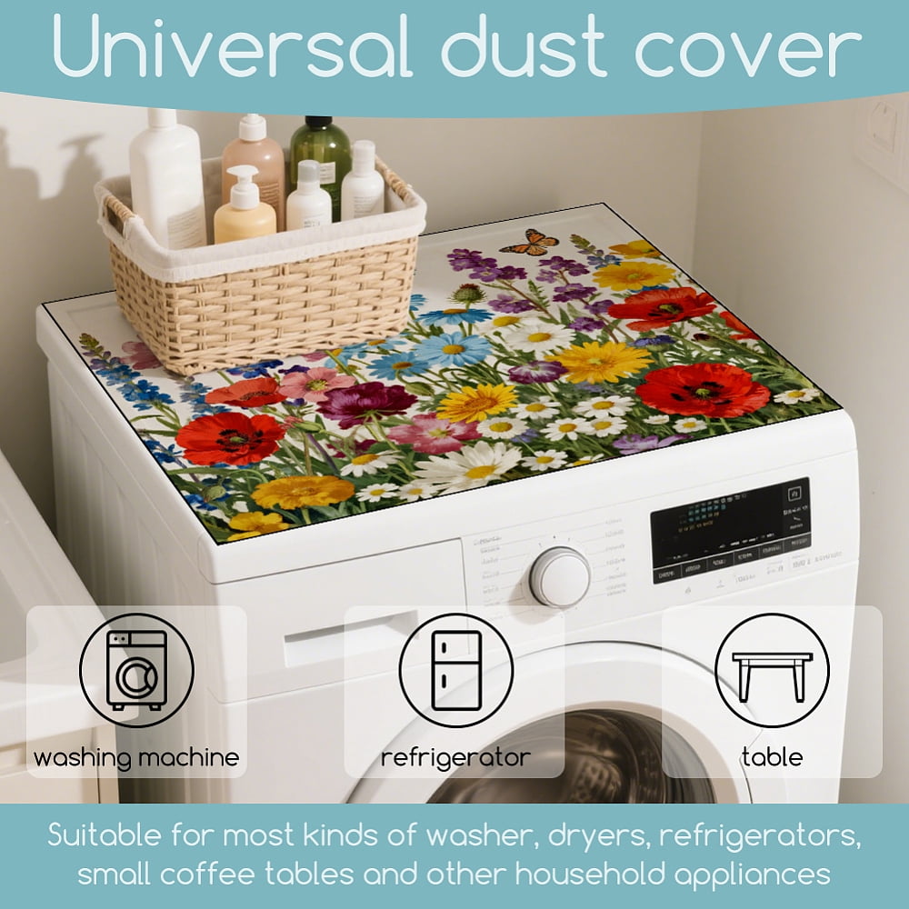 Retro Flowers Laundry Washer Dryer Dust Cover Mat 23.6x19.6inch Colorful Wildflowers Washing Machine Top Protector Pads Butterflies Non