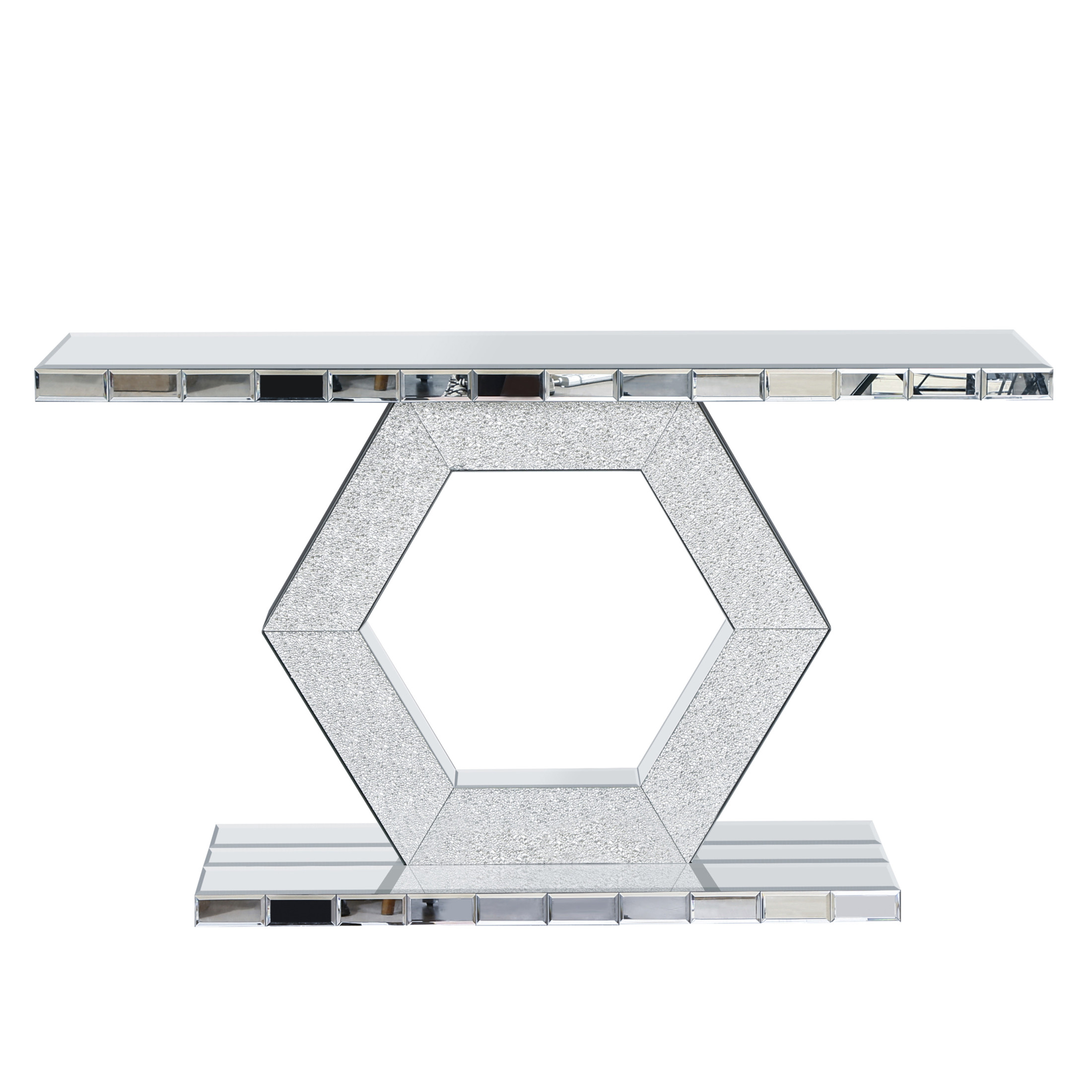 Noble House Sparkling Crystal Hexagon Mirror Entryway - Premium Modern Foyer Console Table with Diamond Glass Effects, Dual-Tier Luxury Sofa Table, Silver