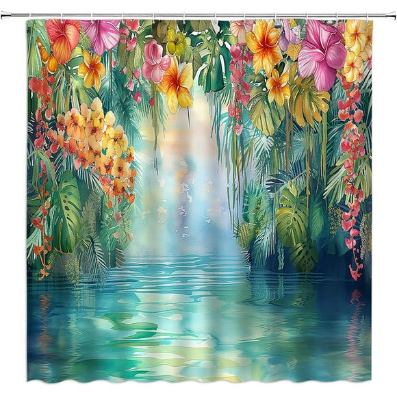Rideau de Douche Floral Coloré - Feuilles de Palmier Aquarelle Hibiscus, Paysage Naturel Vert Bleu Jaune, Comprend des Crochets, 71"L X 71H, Idéal pour une Déco de Salle de Bain Vibrante et Naturelle