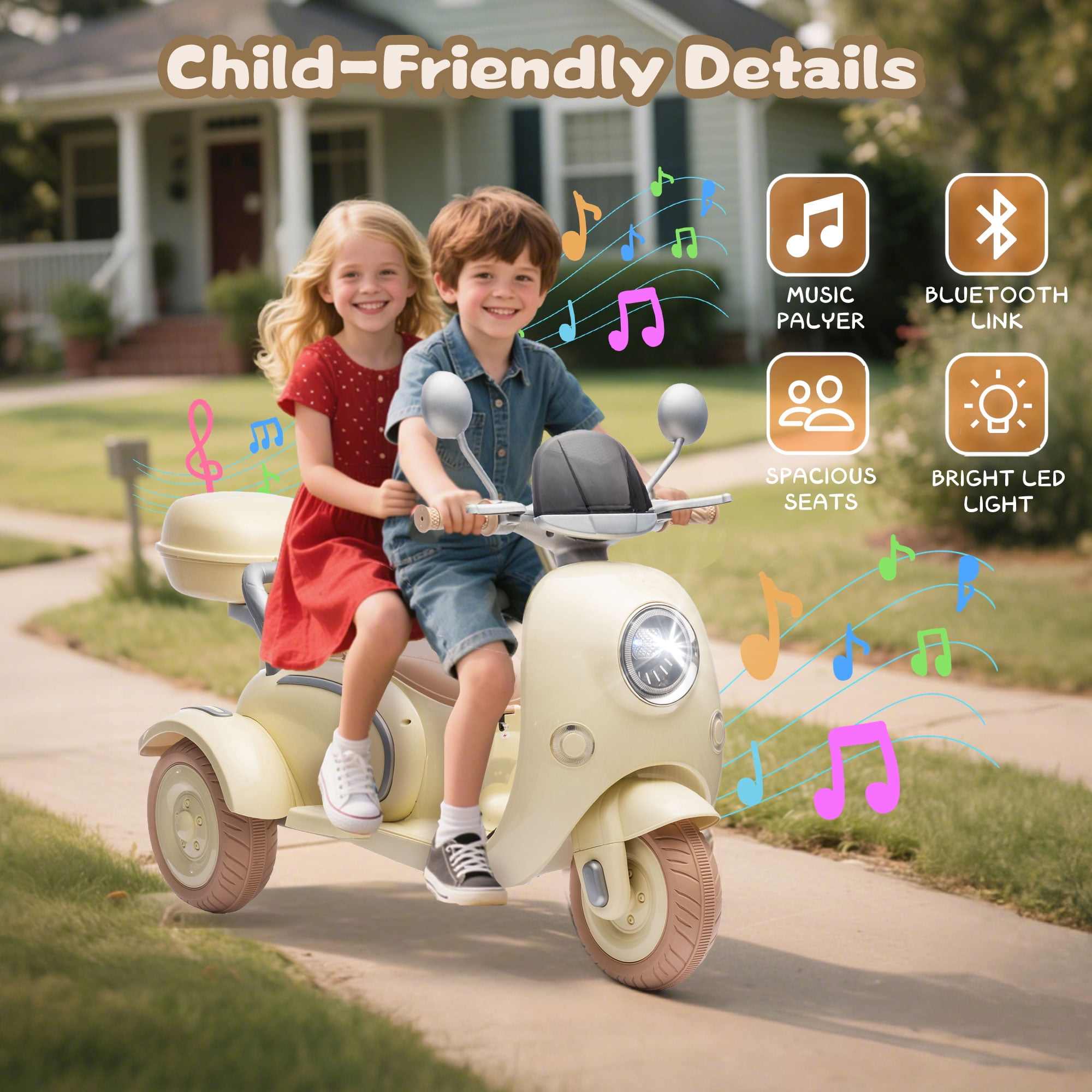 Xuanlur 12V Kids Electric Motorcycle, 3 Wheel 2 Seater Ride on Motorcycle w/Remote Control, 25W*2 Motors Electric Motorcycle w/Big Storage Box, Music, Horn, Light, Ride on Toys for Kids 3-8, Beige