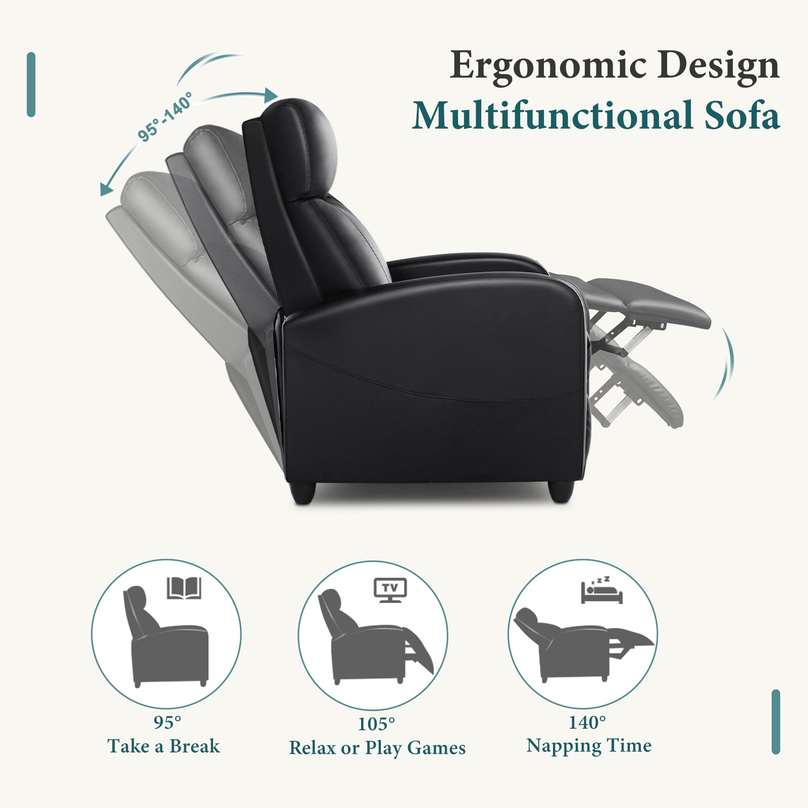 GIANNA Faux Leather Recliner Chair with Push Back and Lumbar Support, Overstuffed Living Room Reclining Sofa, Black