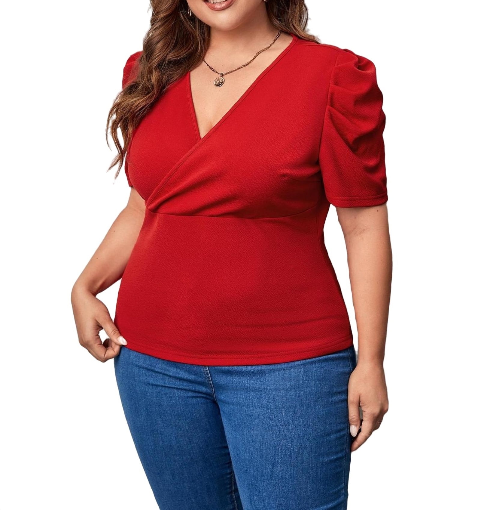 Women Plus Clothing Casual Plain Deep V Neck Red Plus Size Tshirts 2XL