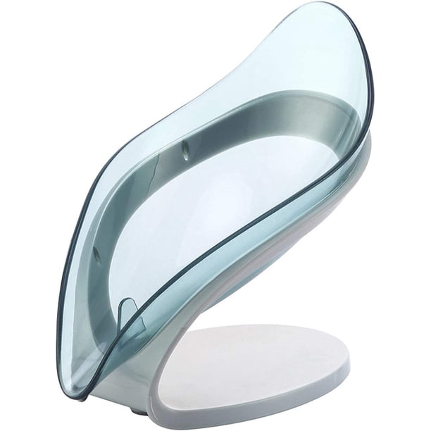 Jabonera con forma de hoja, desagüe para inodoro, sin perforaciones, jabonera, transparente, azul