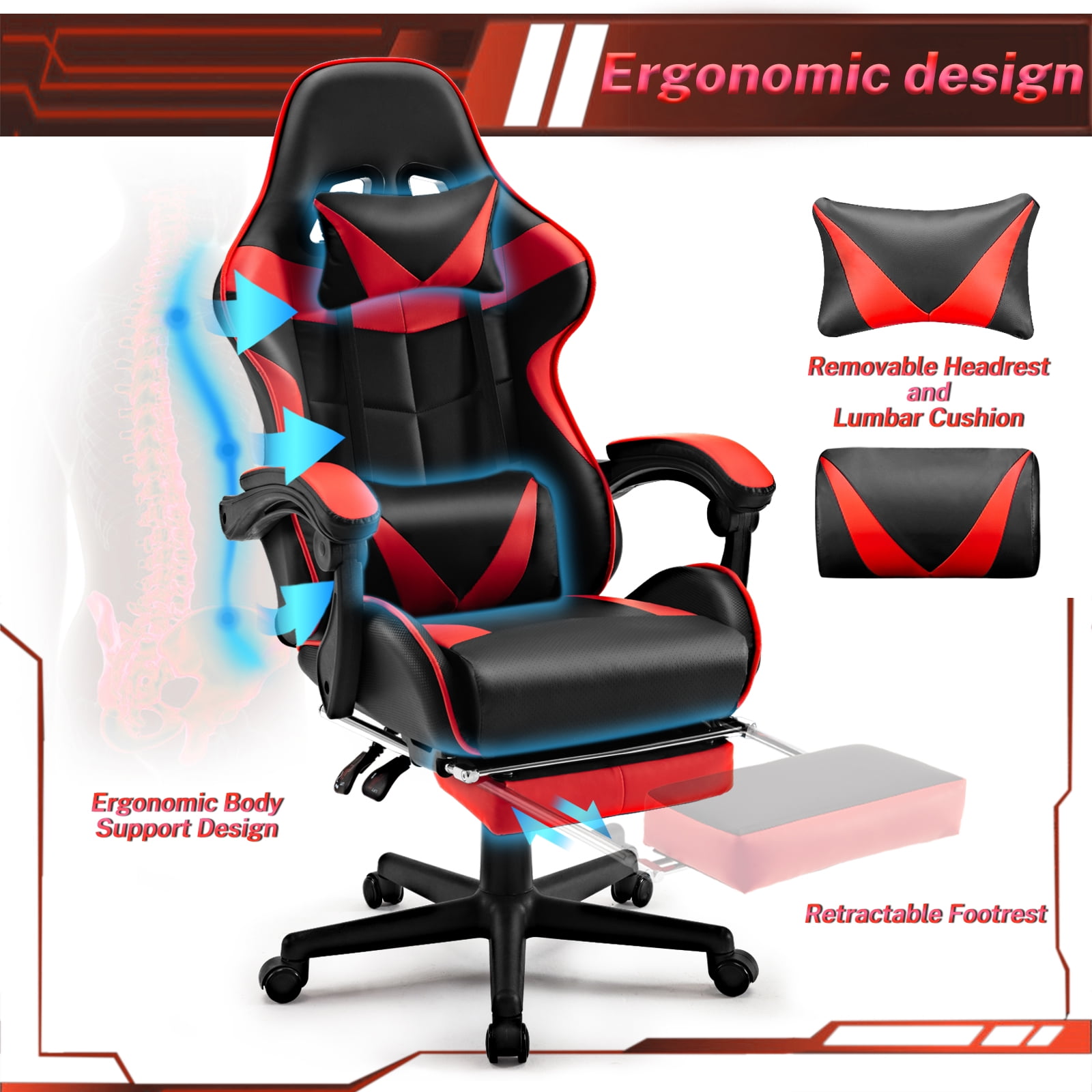 Luxvie Gaming Chair High Back Office Chair with Footrest, Headrest, Massage Lumbar Support Swivel Ergonomic Gamer Chair for Adults, Red