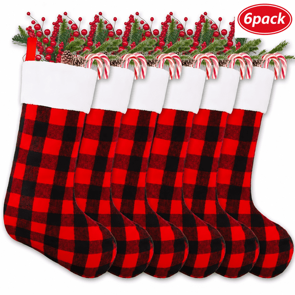 6 Pack 17Inches Christmas Stockings, Xmas Large Black Red Buffalo Plaid Hanging Stockings Decorations for Christmas Tree Fireplace Family Holiday Party Decor