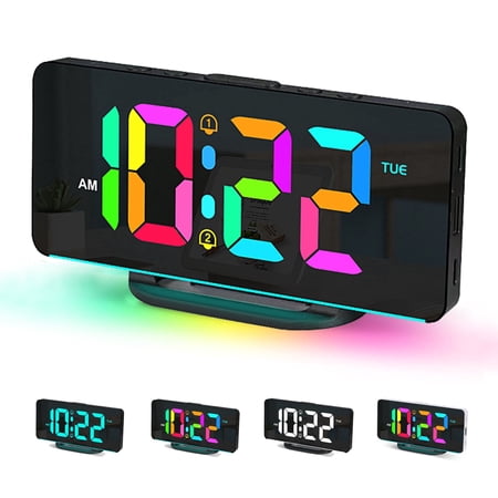 10-Color Night Light Alarm Clock, Large Display Digital Clock with USB Port & Dimmer for Bedroom Living Room, Black