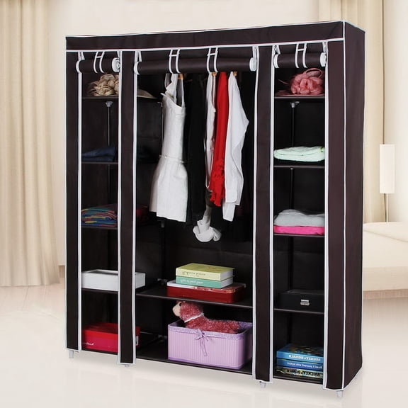 68" Portable Closet Wardrobe with Cover, Heavy Duty Clothes Rack Organizer with Hanging Rods, Storage Shelves for Hanging Clothes, Bedroom and Travel, Dark Brown