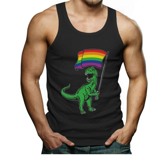 Pride Tank Top for Men - Trex with Gay American Flag Design - Perfect LGBTQ Supportive Gift - Comfortable Rainbow Mens Singlet Large Black