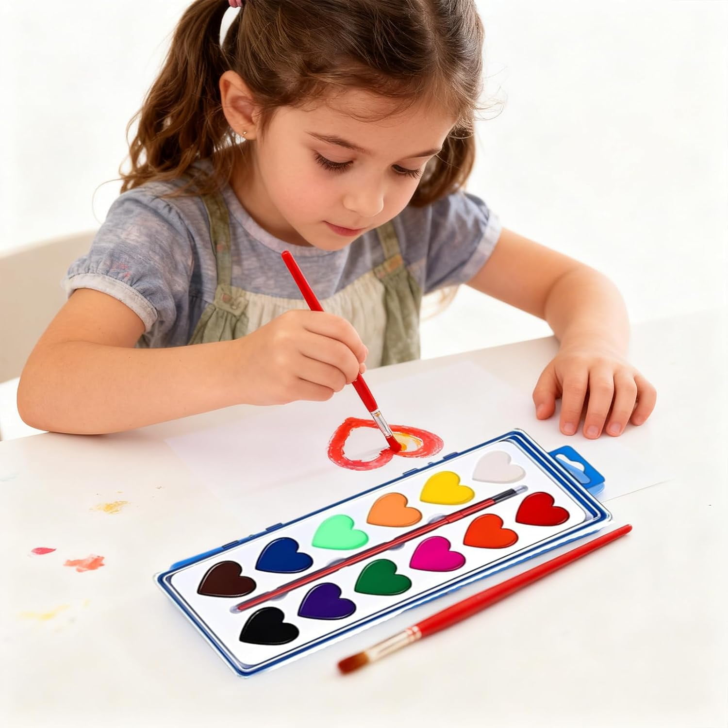 Valentine’s Day Mini Watercolor Paint Sets, Valentine Watercolor Set, Washable Mini Heart Water Color Paint for Valentine’s Day with Brushers (8colors 4pcs)