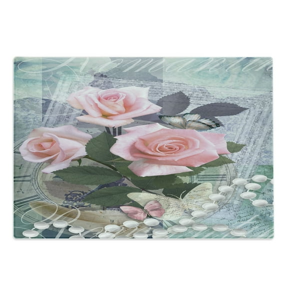 Pearls Cutting Board, Classic Rose and Pearls Romantic Dramatic Love Together Grace Bouquet Art, Decorative Tempered Glass Cutting and Serving Board, Large Size, Pink Grey, by Ambesonne