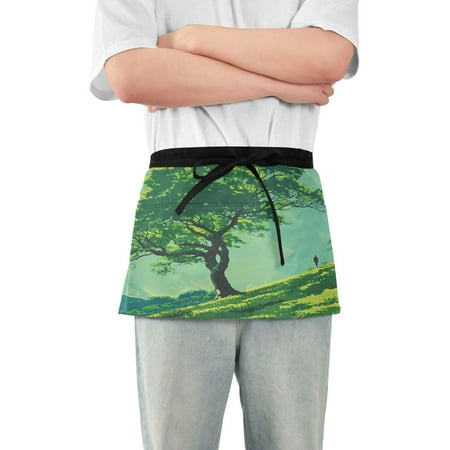 

Server Apron with 3 Pockets Waterproof Waitress Waist Short Apron for Man Woman Oak Tree and Person Walk 12 Inches