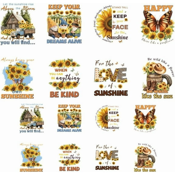 16 Sheets Iron on Transfers for T-Shirts Sunflowers and Gnomes DTF Transfers Ready to Press Washable Iron on Decals for Women Girls Clothing Hat Bag Pillow DIY Crafts for DIY