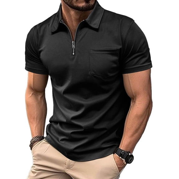 Golf Shirts for Men with Pocket and Zipper Collared Short Sleeve T-Shirts Mens Casual Solid Color Pullover Breathable Athletic Workout Tees Tops