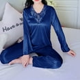 thumbnail image 4 of hotojiny Women's 2 Piece Satin Lounge Sets Plus Size Long Sleeve Lace V Neck Tops with Pants Pajamas Set Soft Sleepwear, 4 of 7