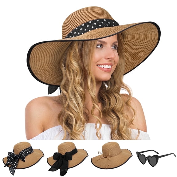 Loritta Sun Hats for Women Wide Brim Beach Hats Floppy UPF 50 Straw Hat with Heart Shape Glasses