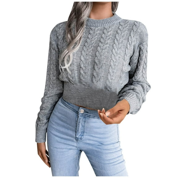 Women's Fall Clothes, Crew Neck Sweater For Women Clothing 2022 Thick Knit Sweater Women's Autumn And Winter Top Ins Style Casual Long-Sleeved Knitted Sweater Top Casual Sweater (L, Gray) TBKOMH