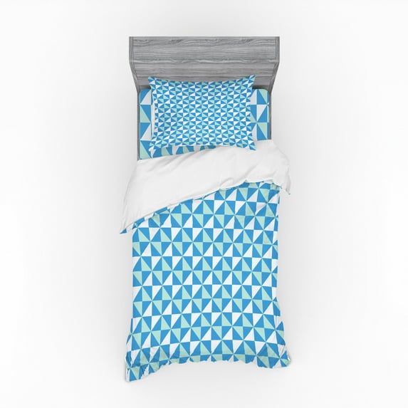 Geometric Duvet Cover Set, Grid Tile Triangles with Squares Contemporary Style Arrangement in Blue, Bedding Set with Shams and Fitted Sheet, 3 Sizes, by Ambesonne