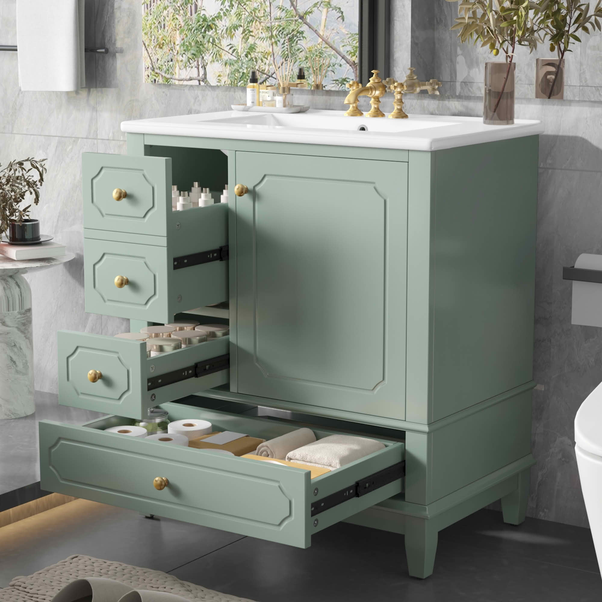 MAYEERTY 30" Bathroom Vanity with Sink, Freestanding Cabinet Ceramic Basin Solid Wood Frame Soft-Close Door 3 Drawers Painted MDF Rubber Wood, Storage Shelves Included, Green