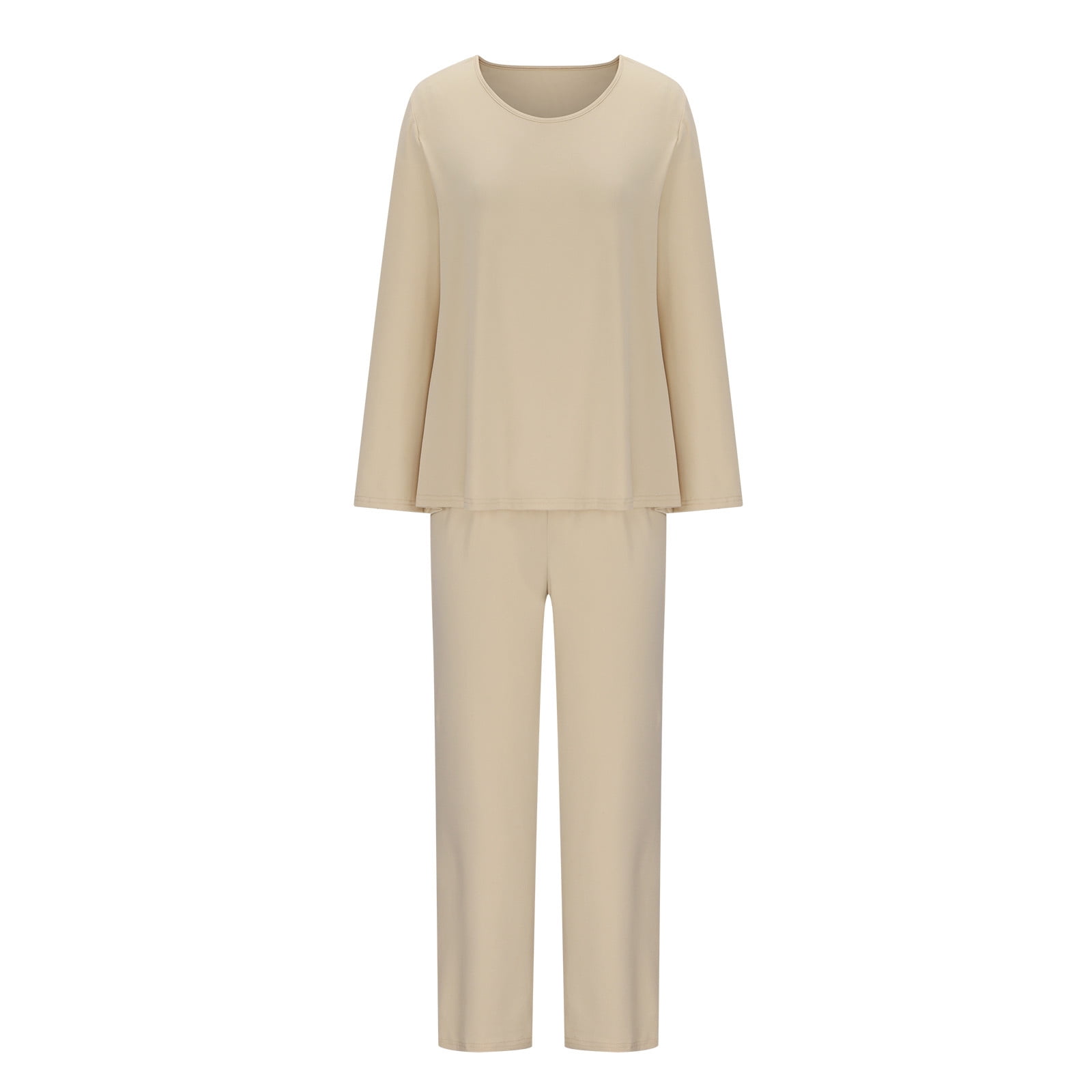 BONIXOOM Christmas Pajamas For Women Matching Family Christmas Pajamas Loungewear Tie Long Sleeve Sleepwear Sets Solid Beige M