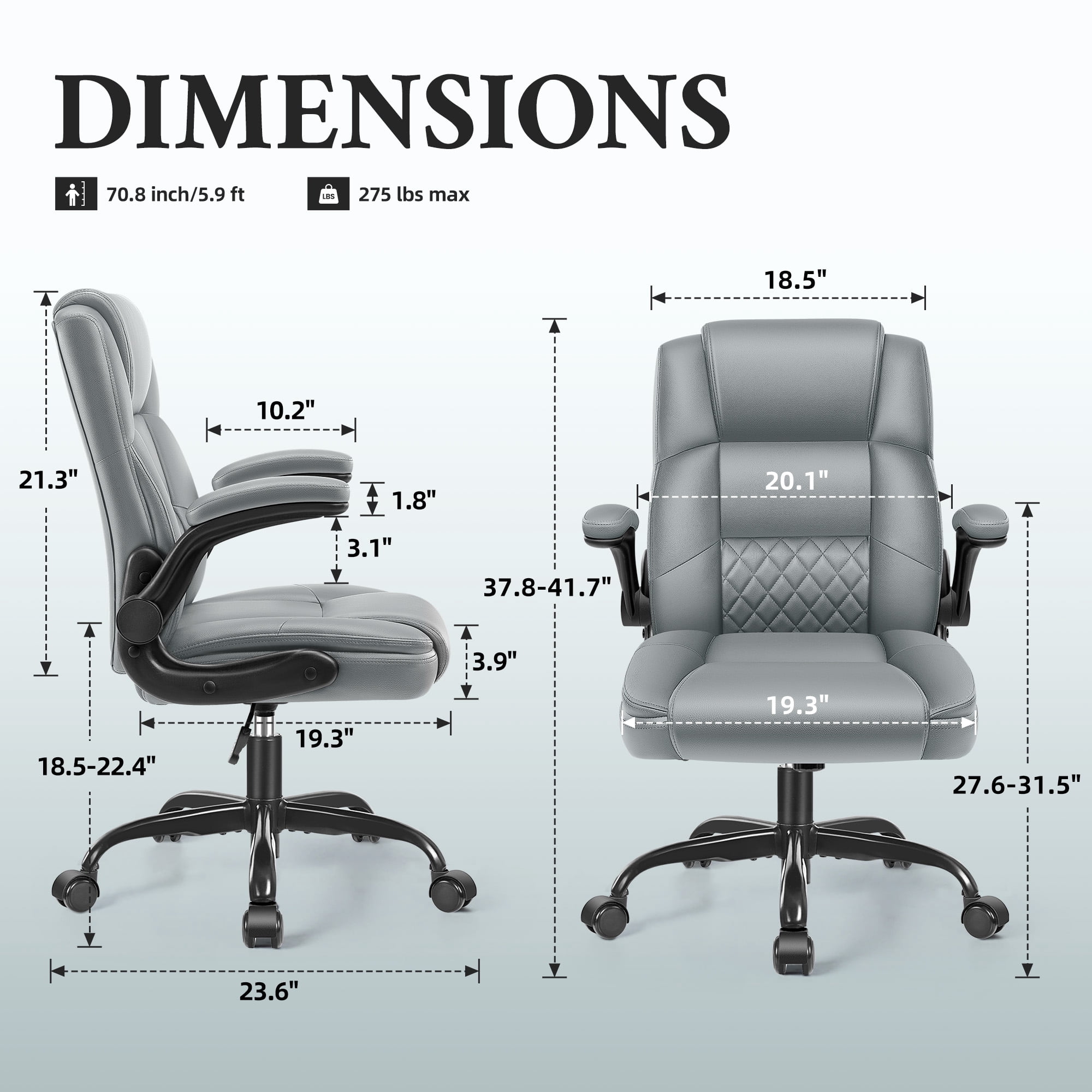 ALLGOD Leather Office Chair 400lbs, Ergonomic Desk Chairs with Back Support, Computer Chair with Wheels and Adjustable Armrest for Home Office, 360°Swivel Free, Gray
