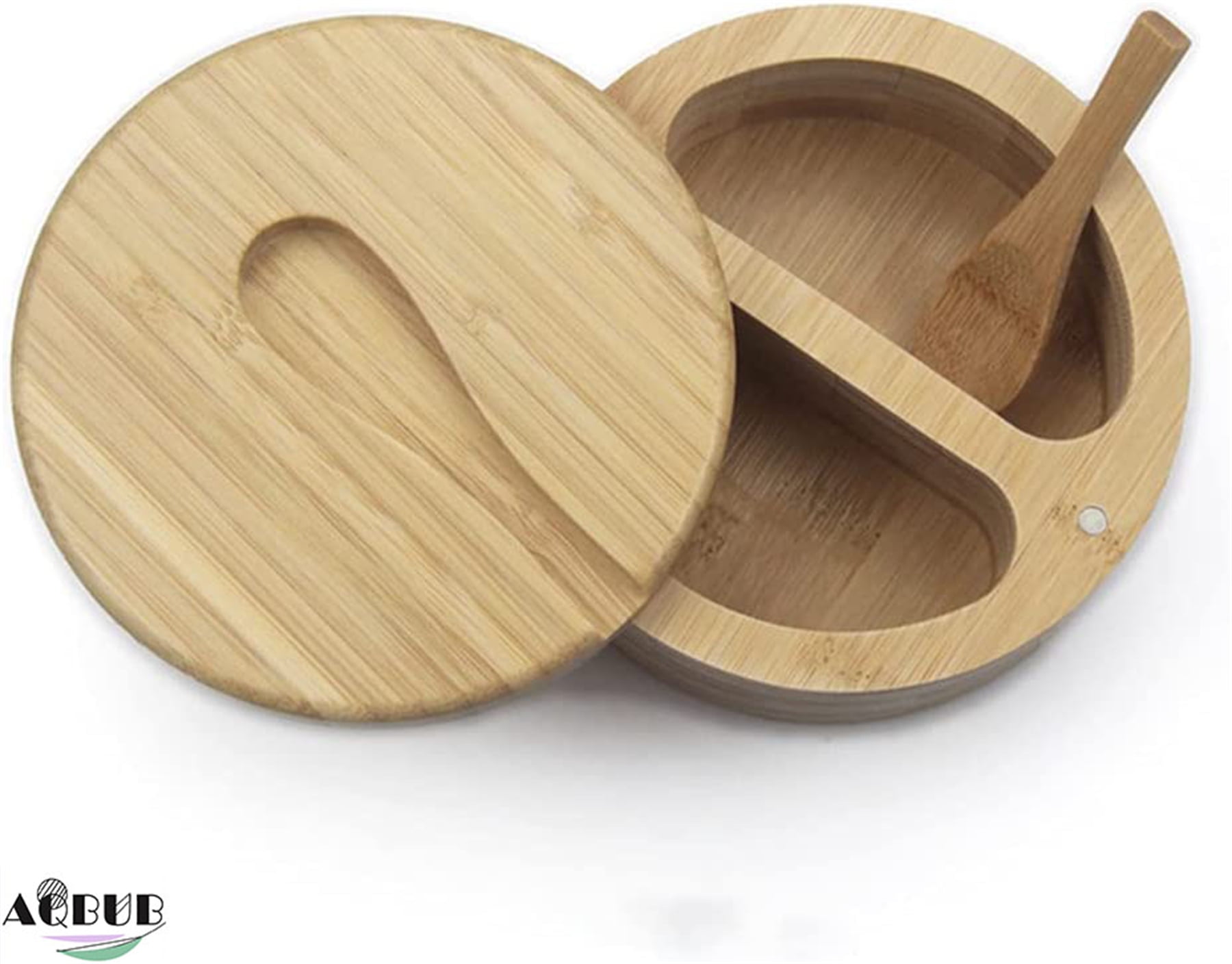Bamboo salt and pepper boxes, salt cellar with rotating lid and spoon