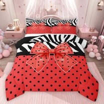 Homewish Kawaii Red Bow Knot Boy Girl 3 Pieces Queen Comforter Set,Polka Dots Ultra Soft Bedding Sets,Animal Zebra Print Bedding Comforter Set Breathable,Super Cozy Room Decor,Reversible