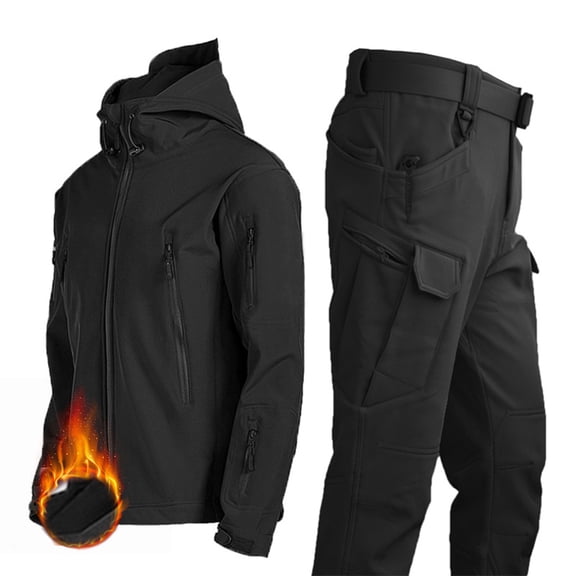 Joernso 2Pcs/Set Men Thermal Jacket Pants Waterproof Fleece Lined Coldproof Outfit Winter Thicken Hooded Tracksuits Set for Hiking Hunting