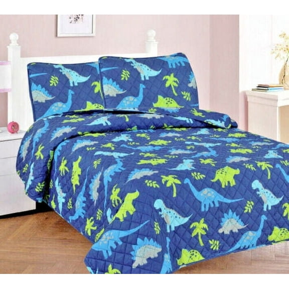 3-PC FULL DINOSAUR BLUE Bed Cover Bedspread Coverlet Quilt Set for Kids and Teens