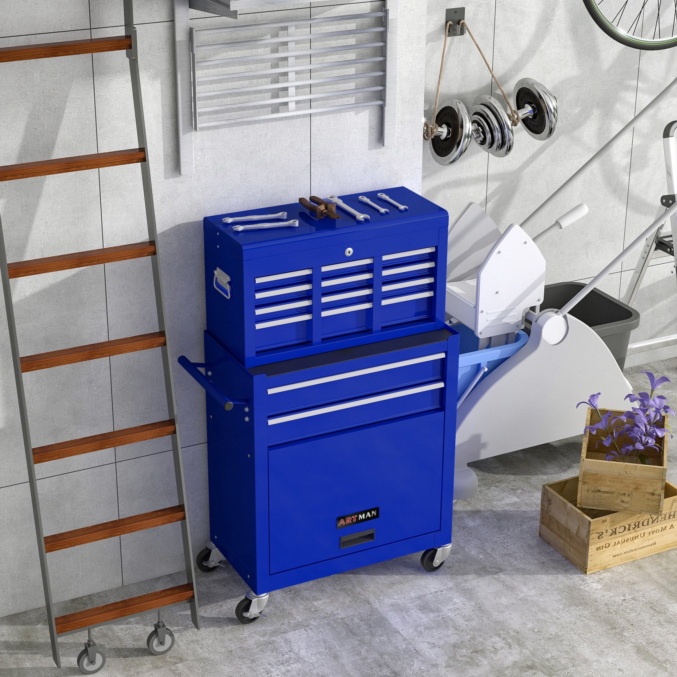 Noble House Heavy-Duty Rolling Tool Chest, 8-Drawer Steel Storage Box Organizer with Detachable Box, Blue