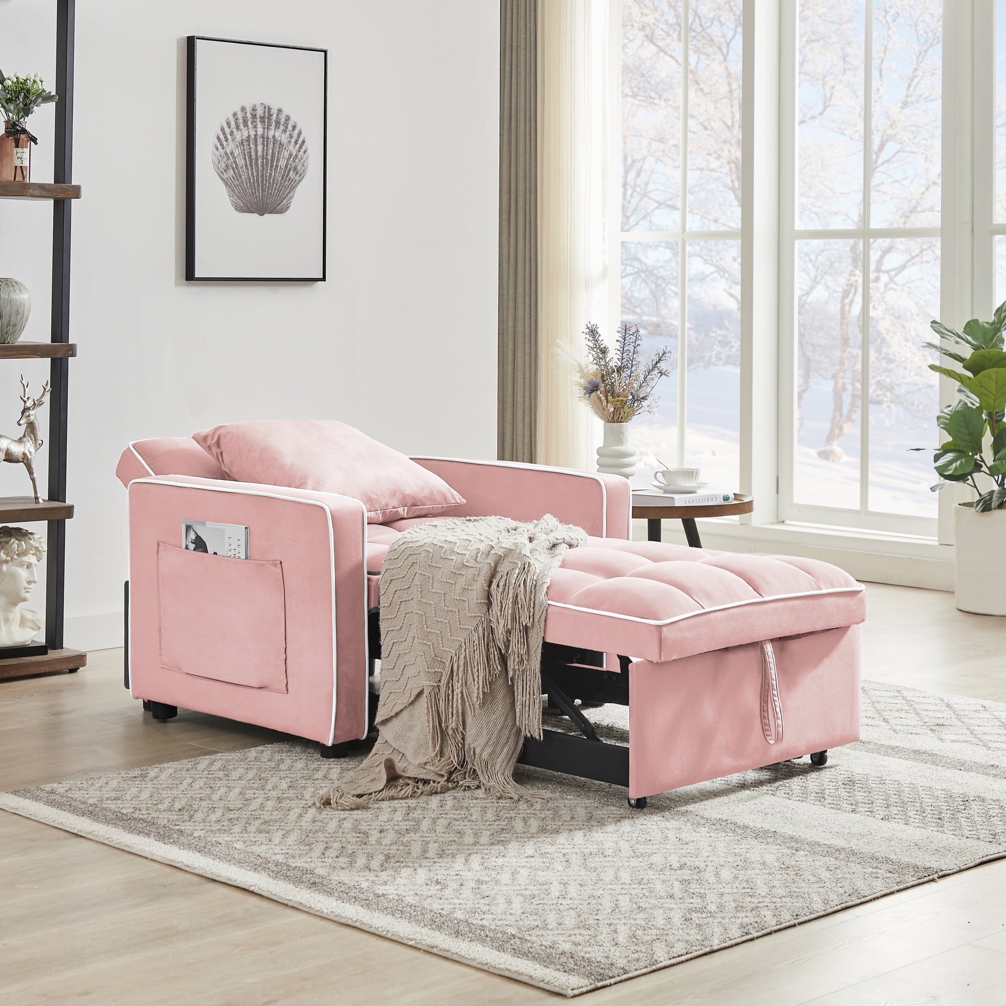 3-in-1 Convertible Chair Bed, Indoor Lounge Chair with Pillow, Single Sofa Pull Out Couch for Living Room,Pink
