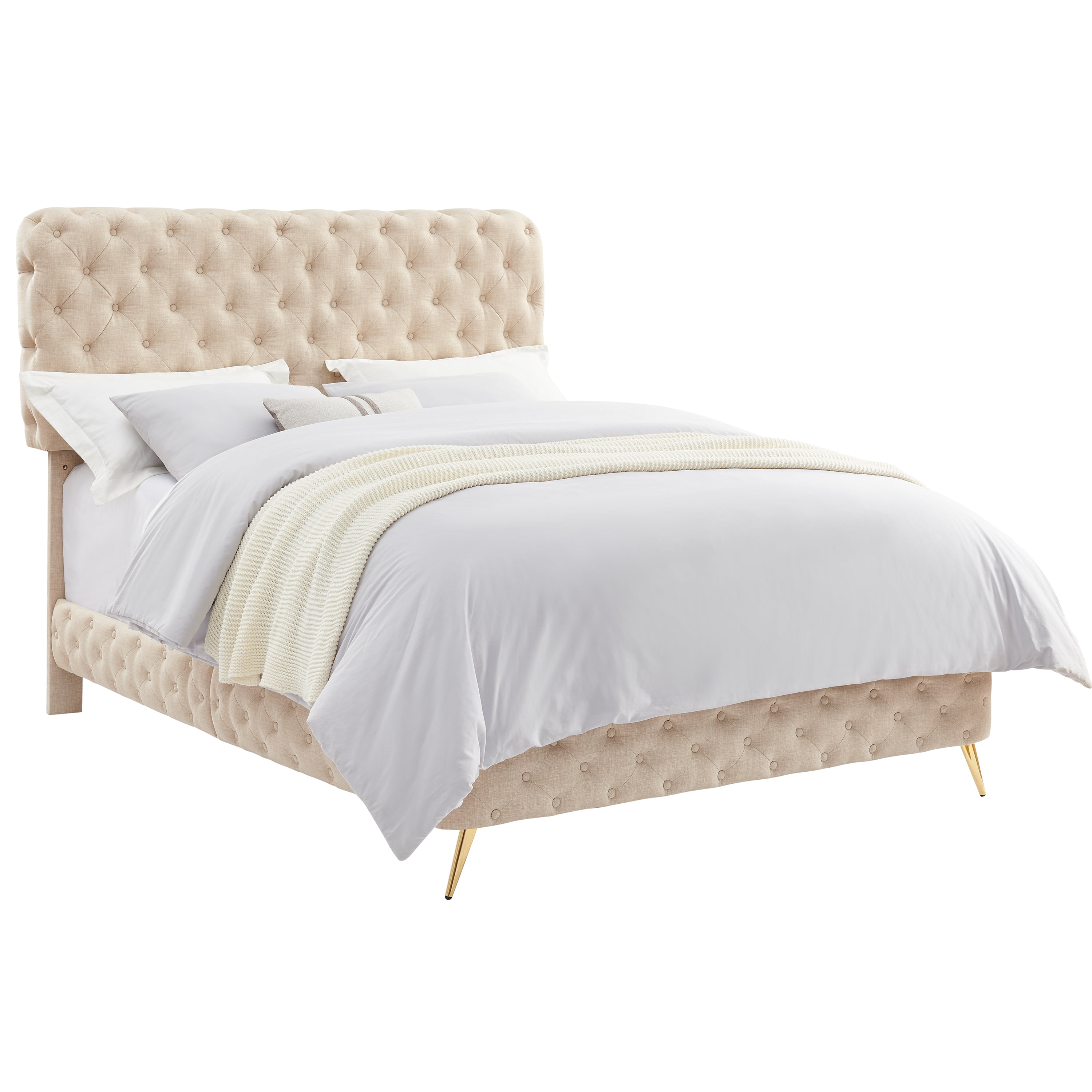 Gewnee Queen Size Bed Frame with Button Tufted Headboard,Upholstered Platform Bed Frame with Adjustable Headboard,Box Spring Required.Beige