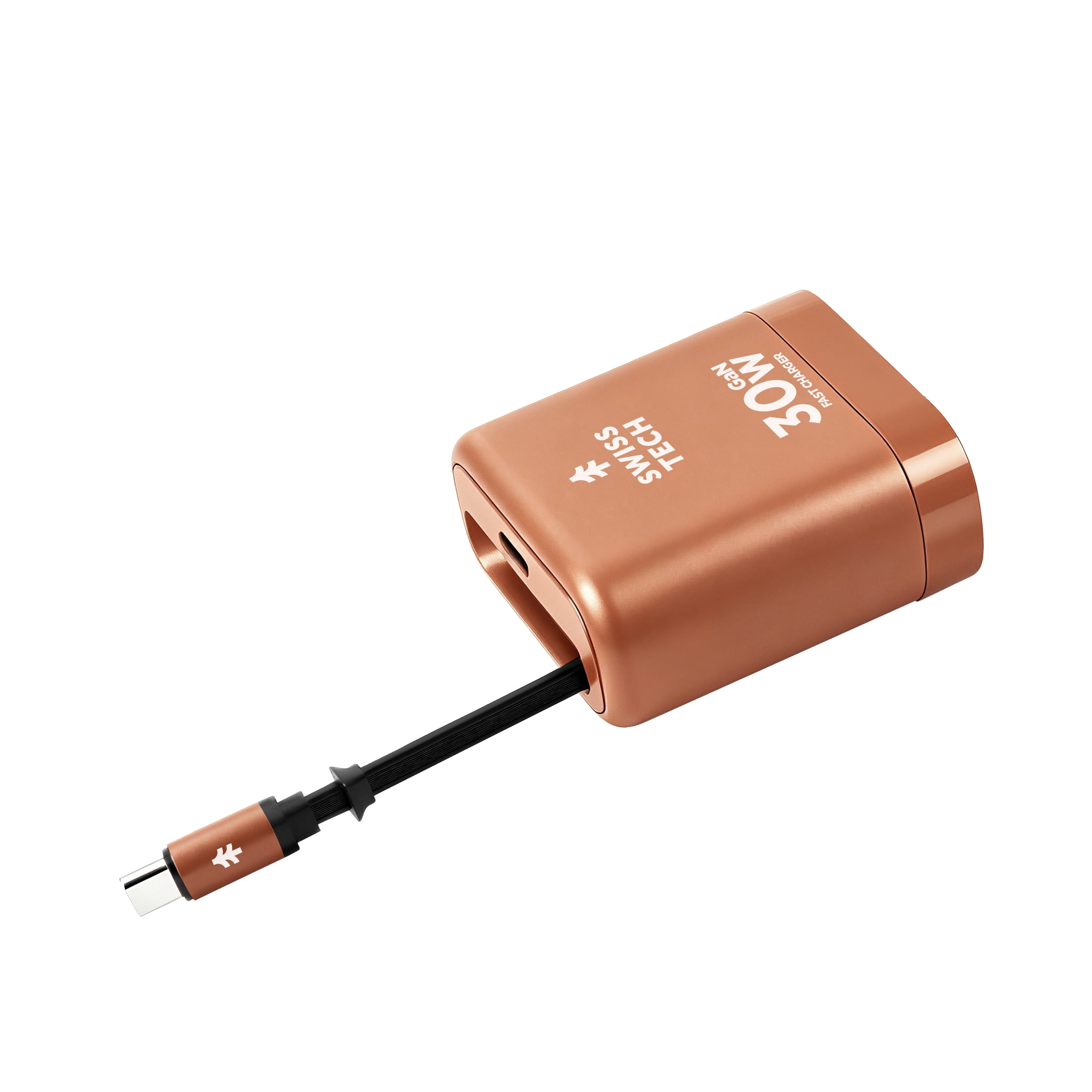 Swiss Tech Mussen 30W USB-C Wall Charger with Retractable Cable, Fast PD Charging, Terra Orange