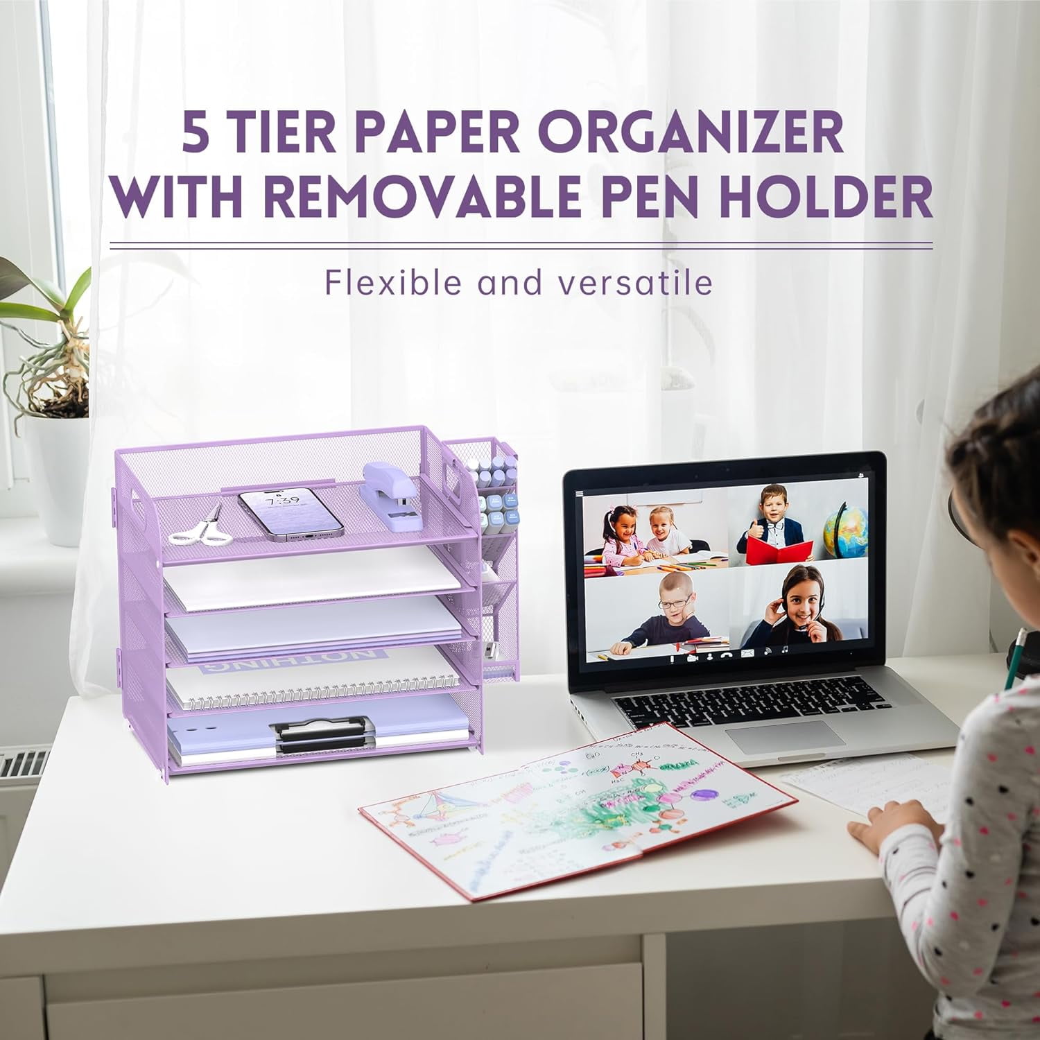 INTIGE 5-Tier Metal Mesh Desk Organizer with Handle & Removable Pen Holders, Purple, 1 Pcs