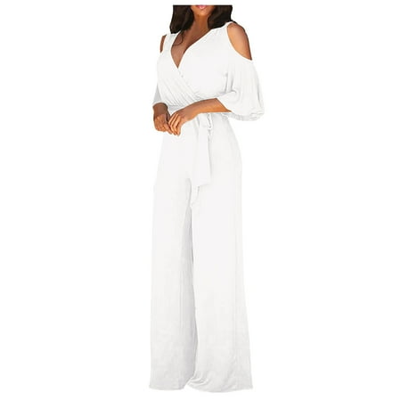 

Kddylitq Elegant and Stylish Off-Shoulder V-Neck Jumpsuit for Women - Cocktail Short Sleeve Ladies Rompers for Dinner Party White XL