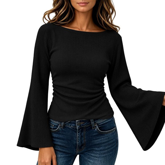 VISALY Womens Bell Long Sleeve Ribbed Knit Sweater Tops Trendy Boat Neck Cropped Going Out Shirts Ruched Slim Fit Casual Layer Pullover Sweater Business Casual Work Blouses Cute Fall Outfit Black L