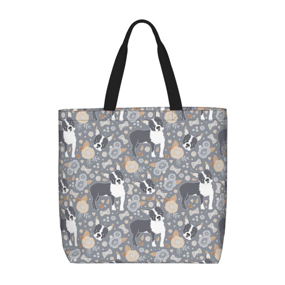 Pofeuu Cute Dog And Flowers Print Tote Bag for Women,Hobo HandBags with Zipper,Large Capacity Casual Shoulder Handbags with Inner Pockets