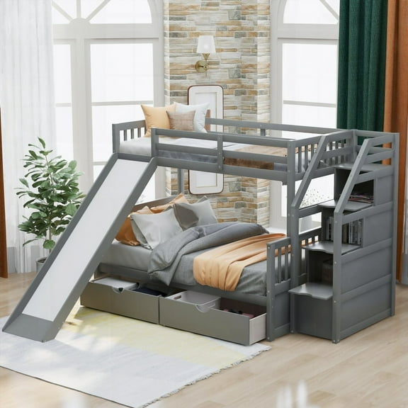 Twin over Full Bunk Bed with Drawers, Storage & Slide, Gray, Safe & Secure with High Guardrail & Ladder Handrails