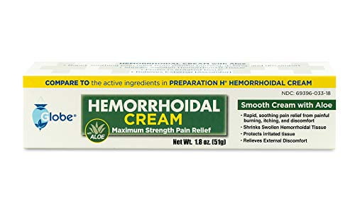 Globe Hemorrhoid Cream - Numbing Hemorrhoid Medicine with Natural Aloe - Relief from Piles, Itching, Burning, Discomfort, & More - 1.8oz Ointment Tube - Compare the Active Ingredients to Pre