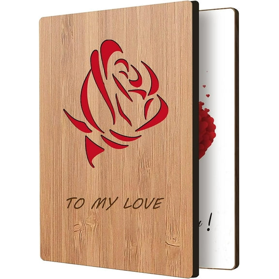 to My Love Greeting Card with Real Bamboo Wood Hollow Out Red Rose Pattern Handwritten Card with Envelope Perfect Way to Say I Love You Valentines Gift for Him/Her DIY