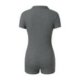 thumbnail image 3 of Women Short Sleeve Ribbed Knit Jumpsuit Button Down Lapel Romper Bodycon One Piece Bodysuit, 3 of 6